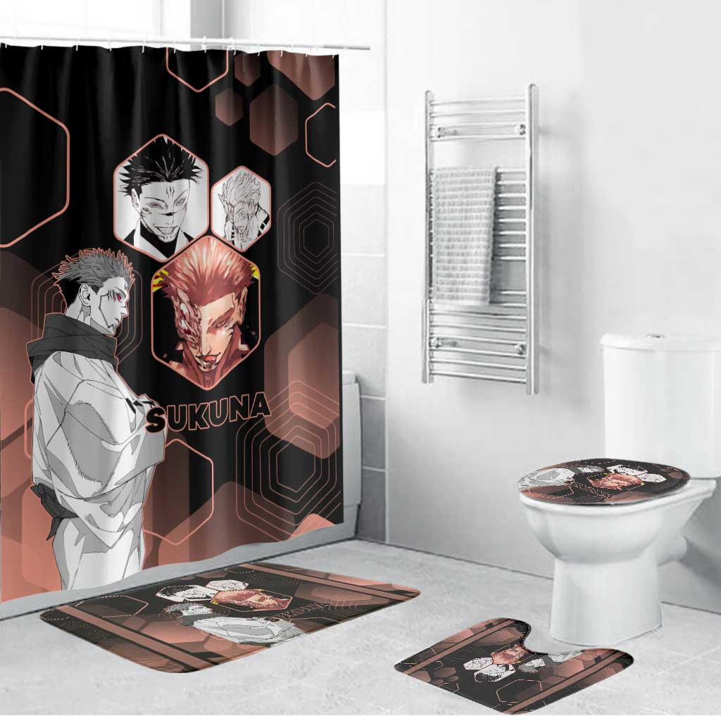 Ryomen Sukuna Jujutsu Kaisen Brown Hexagon Design Bathroom Set with Cursed Marks and Manga Style Art - The Mazicc
