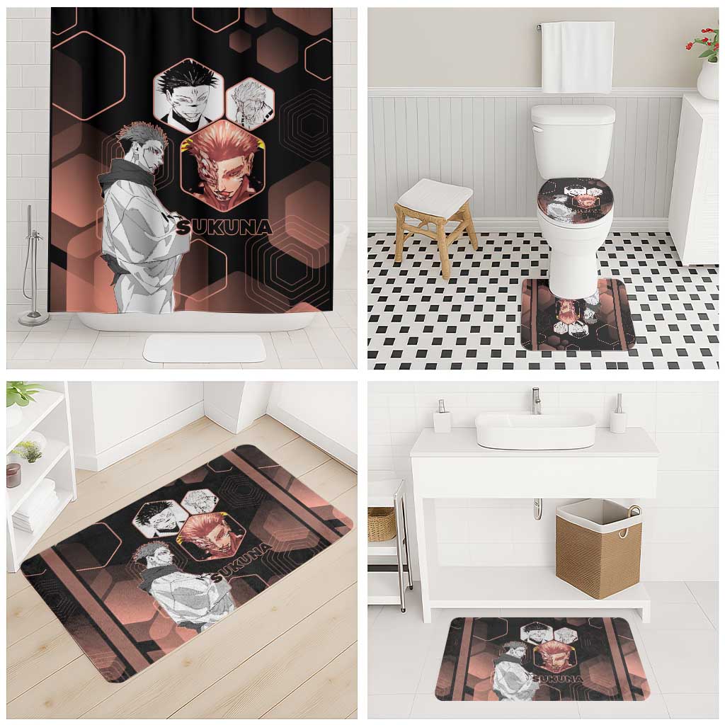 Ryomen Sukuna Jujutsu Kaisen Brown Hexagon Design Bathroom Set with Cursed Marks and Manga Style Art - The Mazicc