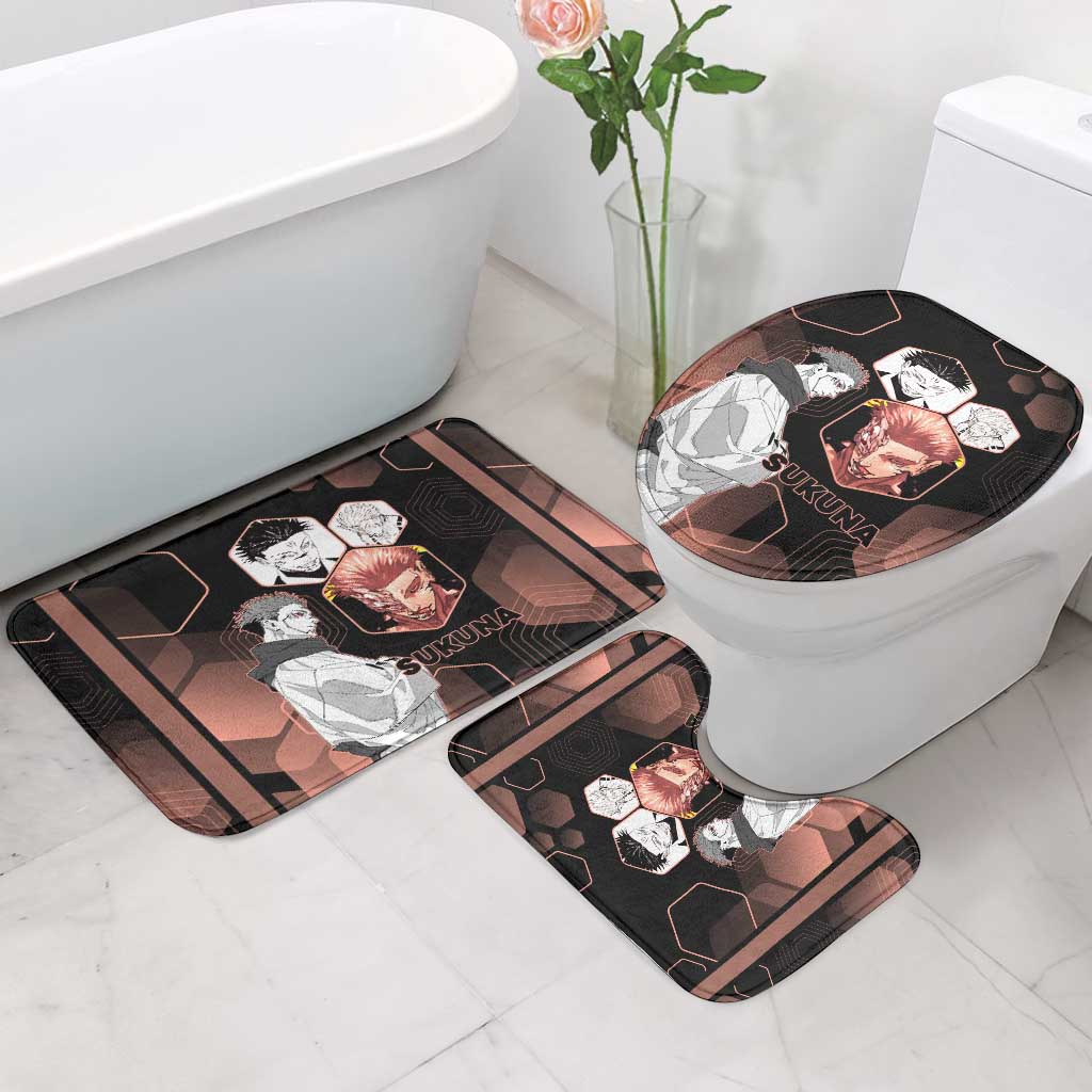 Ryomen Sukuna Jujutsu Kaisen Brown Hexagon Design Bathroom Set with Cursed Marks and Manga Style Art - The Mazicc