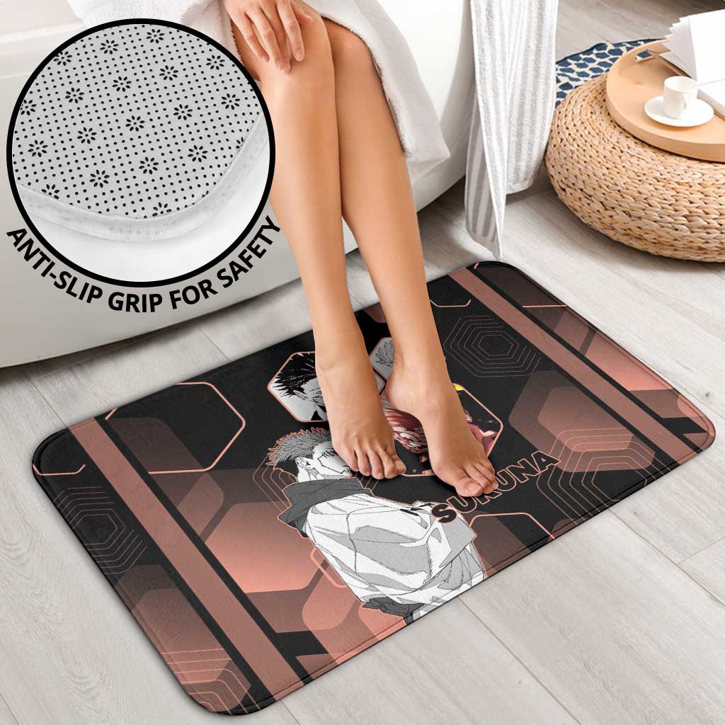Ryomen Sukuna Jujutsu Kaisen Brown Hexagon Design Bathroom Set with Cursed Marks and Manga Style Art - The Mazicc