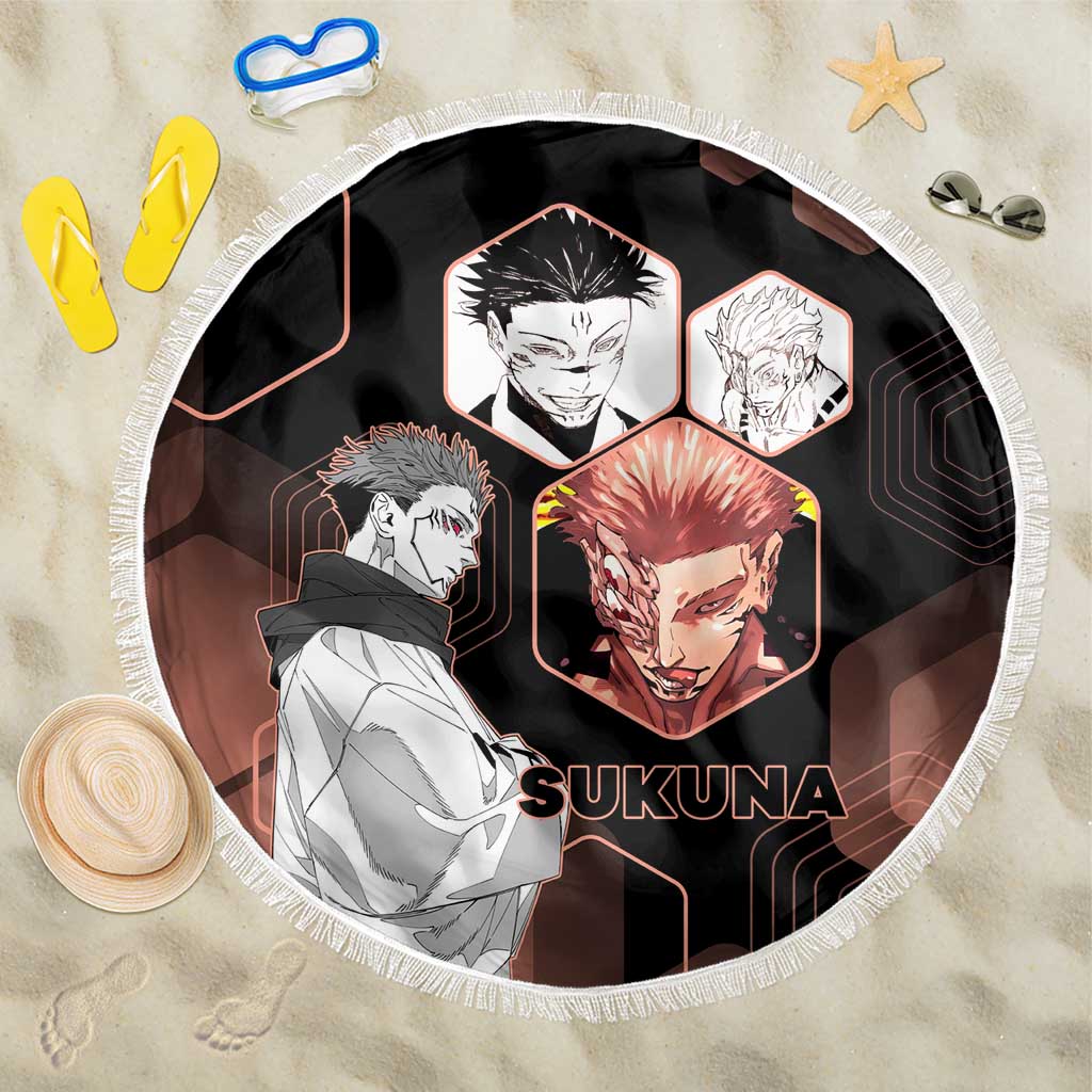 Ryomen Sukuna Jujutsu Kaisen Brown Hexagon Design Beach Blanket with Cursed Marks and Manga Style Art - The Mazicc