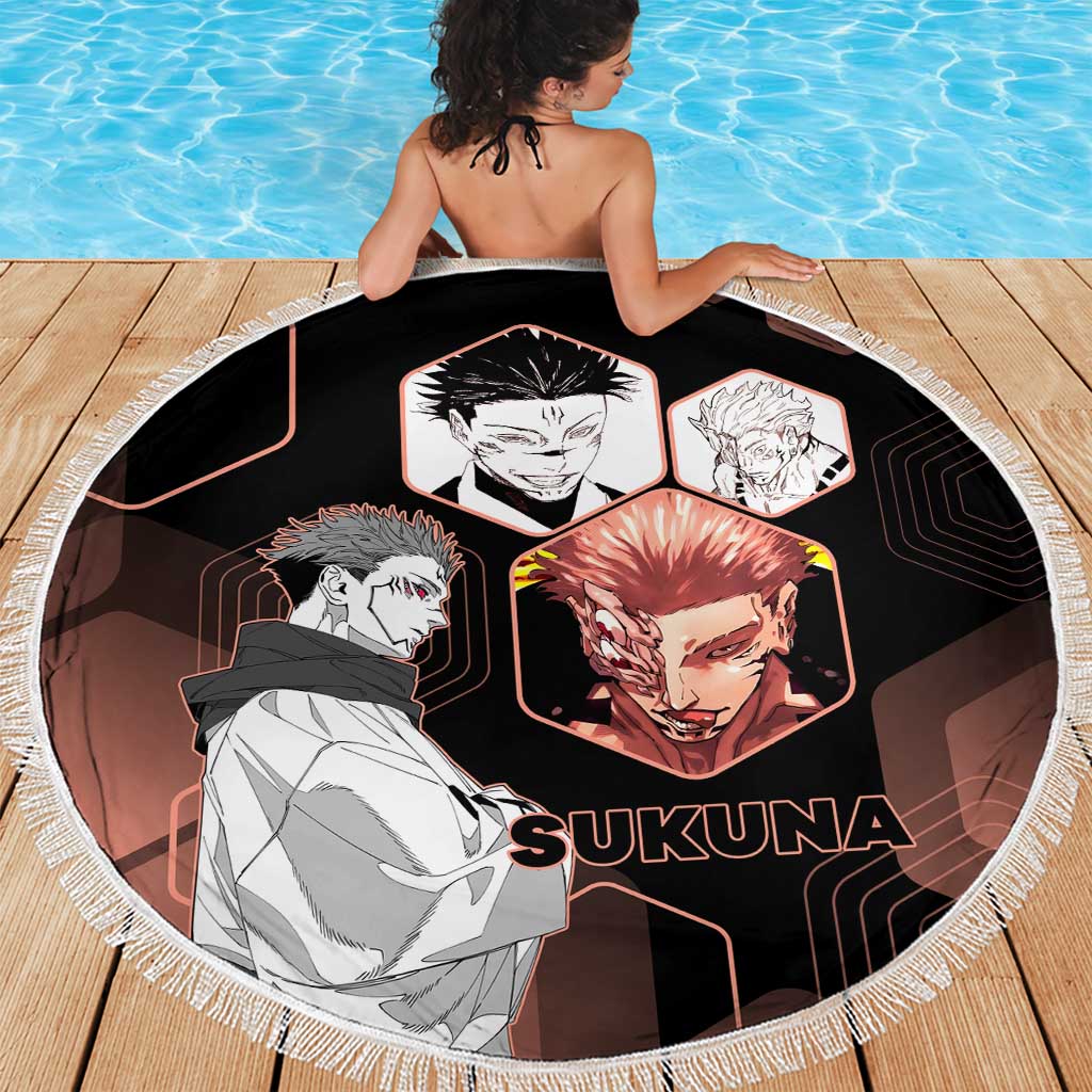 Ryomen Sukuna Jujutsu Kaisen Brown Hexagon Design Beach Blanket with Cursed Marks and Manga Style Art - The Mazicc