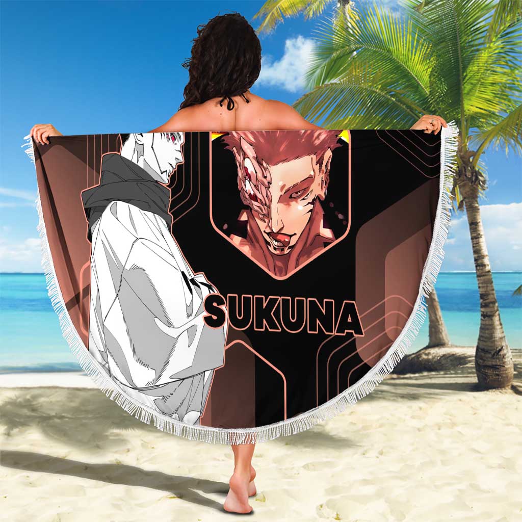 Ryomen Sukuna Jujutsu Kaisen Brown Hexagon Design Beach Blanket with Cursed Marks and Manga Style Art - The Mazicc