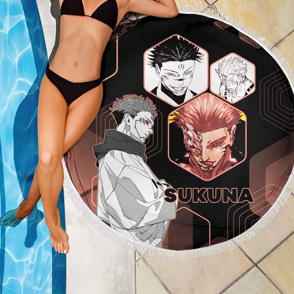 Ryomen Sukuna Jujutsu Kaisen Brown Hexagon Design Beach Blanket with Cursed Marks and Manga Style Art - The Mazicc