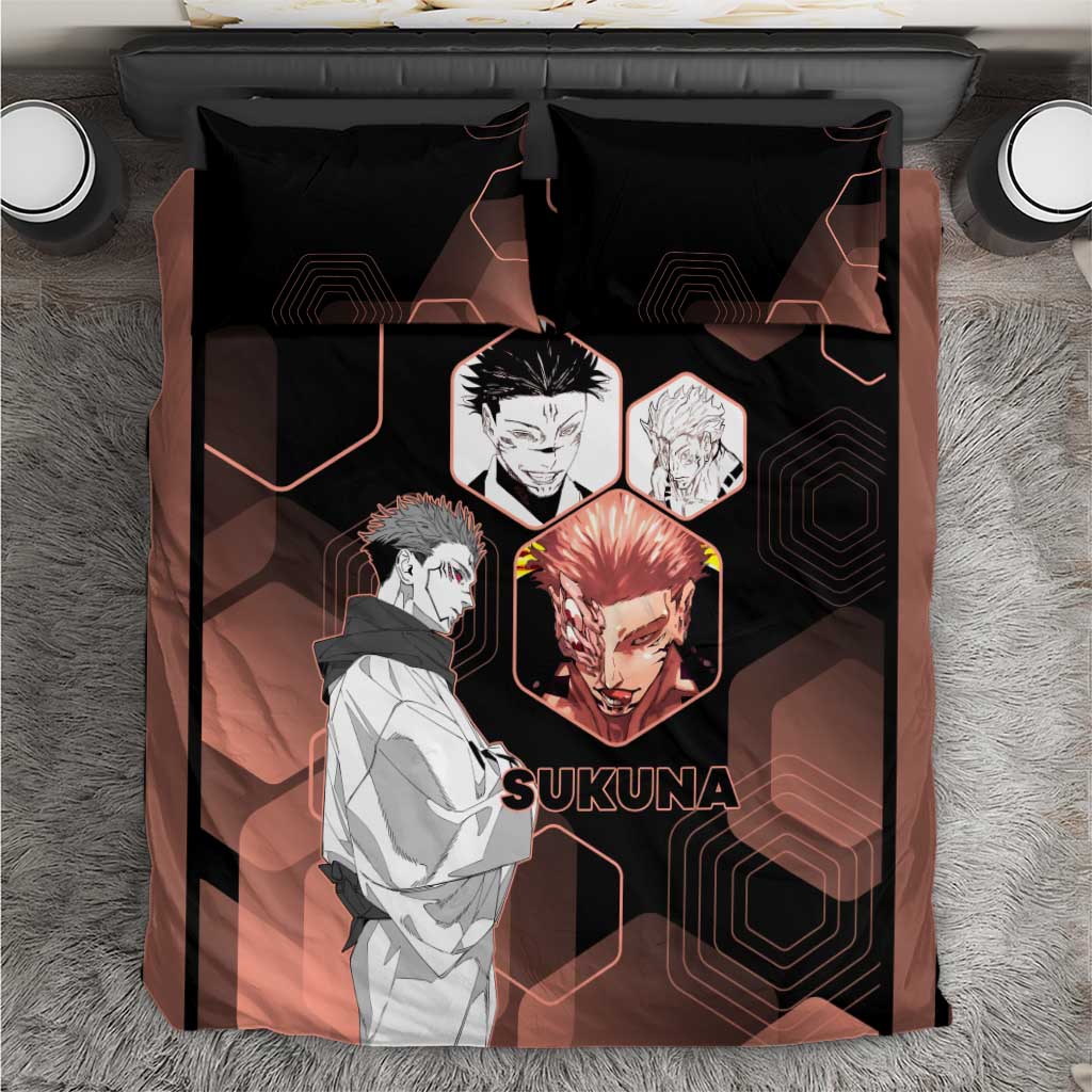 Ryomen Sukuna Jujutsu Kaisen Brown Hexagon Design Bedding Set with Cursed Marks and Manga Style Art - The Mazicc