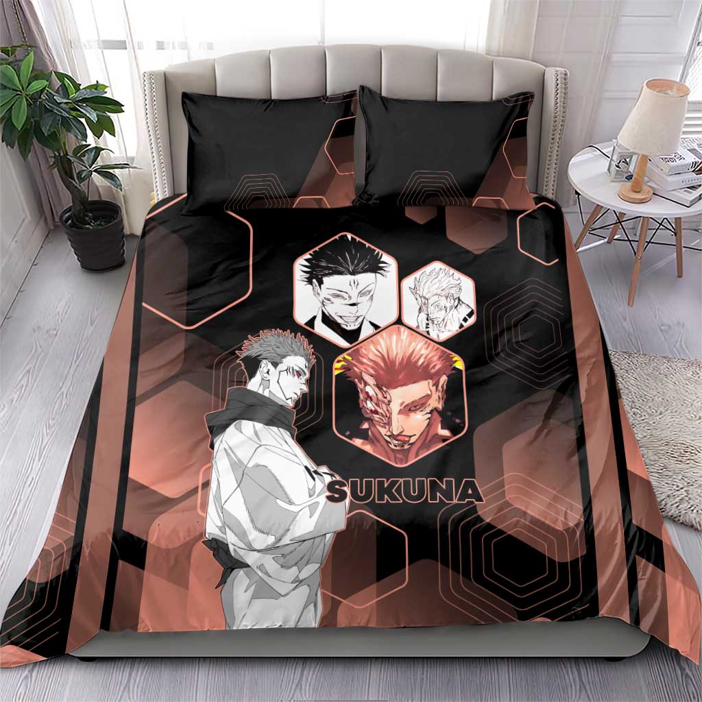 Ryomen Sukuna Jujutsu Kaisen Brown Hexagon Design Bedding Set with Cursed Marks and Manga Style Art - The Mazicc