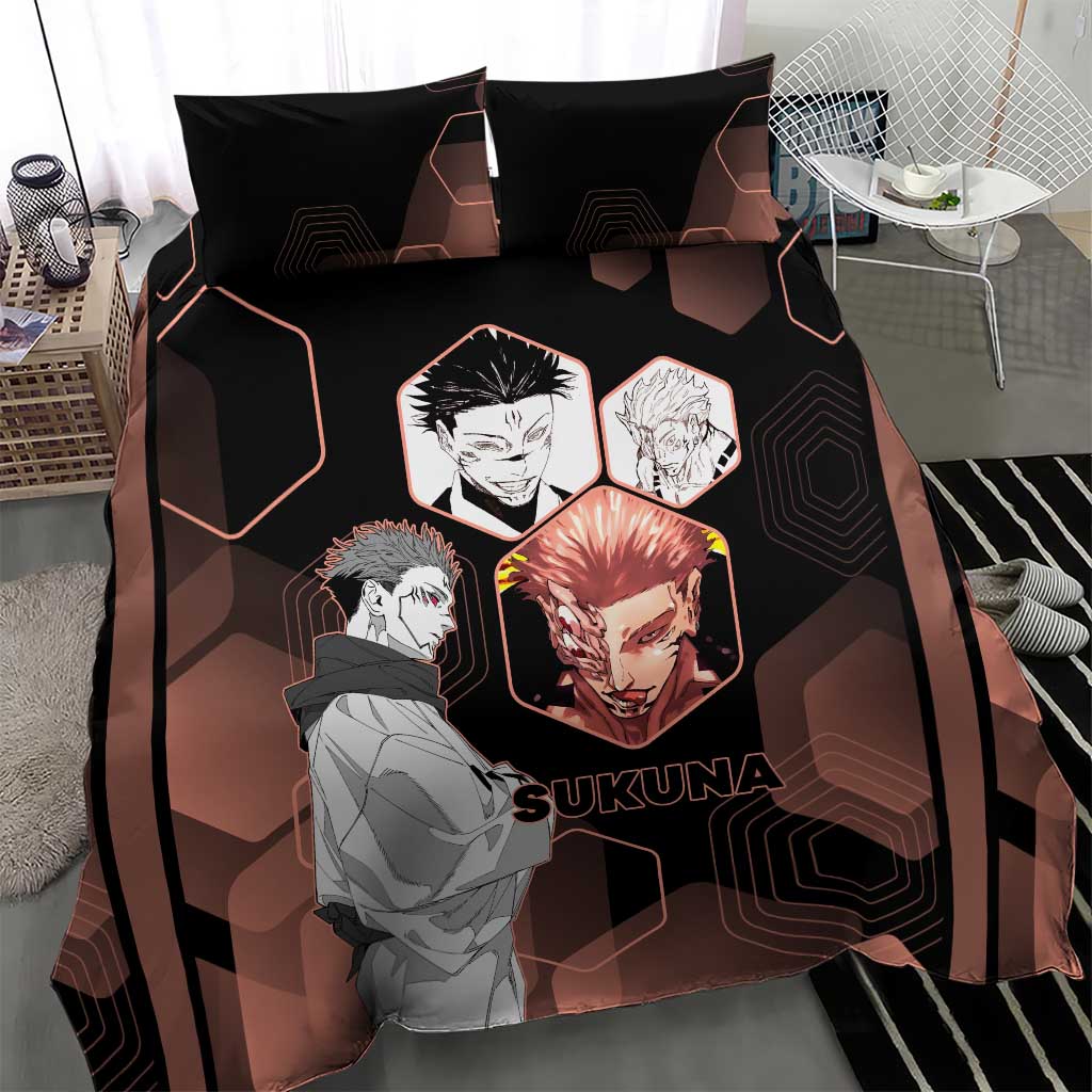 Ryomen Sukuna Jujutsu Kaisen Brown Hexagon Design Bedding Set with Cursed Marks and Manga Style Art - The Mazicc