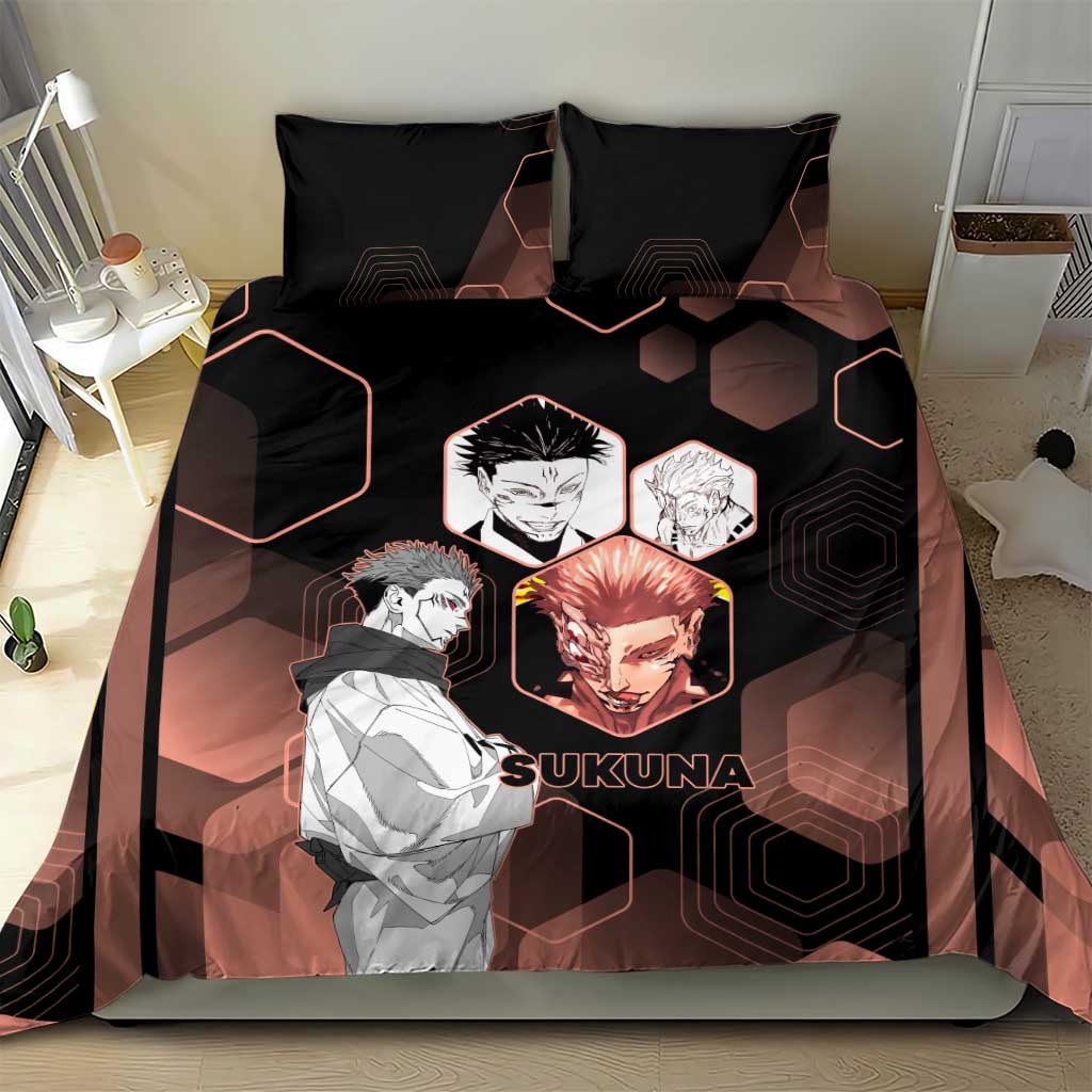 Ryomen Sukuna Jujutsu Kaisen Brown Hexagon Design Bedding Set with Cursed Marks and Manga Style Art - The Mazicc