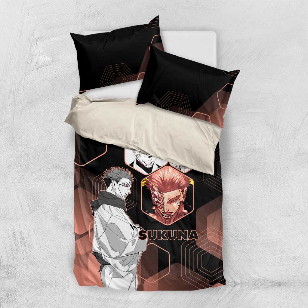 Ryomen Sukuna Jujutsu Kaisen Brown Hexagon Design Bedding Set with Cursed Marks and Manga Style Art - The Mazicc