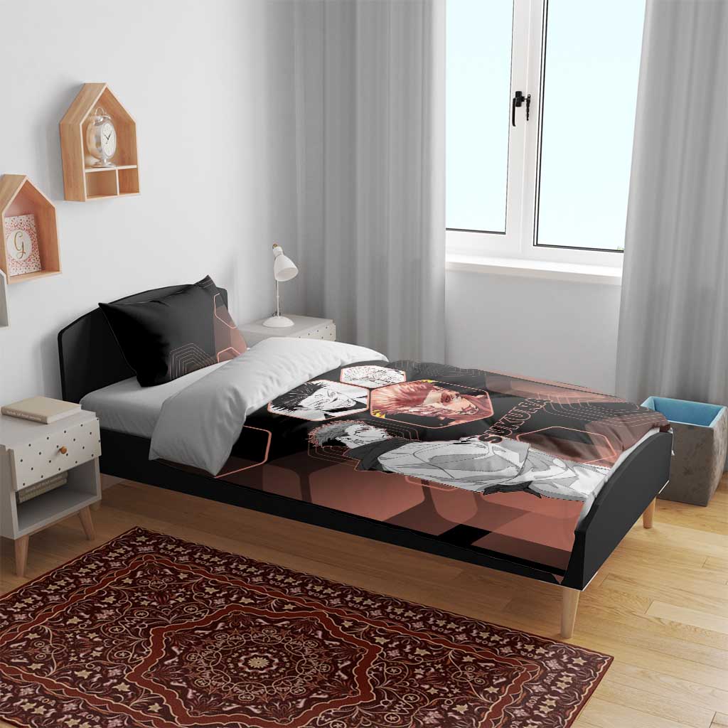 Ryomen Sukuna Jujutsu Kaisen Brown Hexagon Design Bedding Set with Cursed Marks and Manga Style Art - The Mazicc