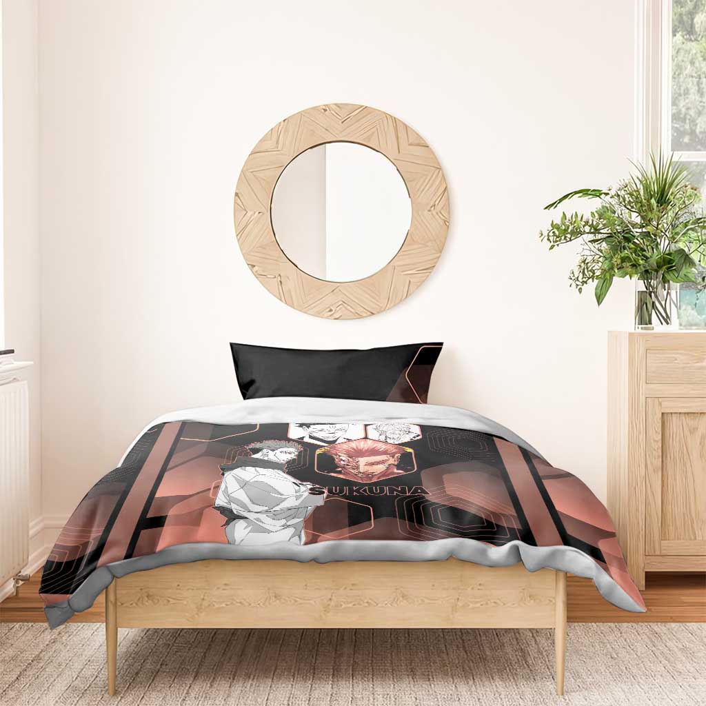 Ryomen Sukuna Jujutsu Kaisen Brown Hexagon Design Bedding Set with Cursed Marks and Manga Style Art - The Mazicc