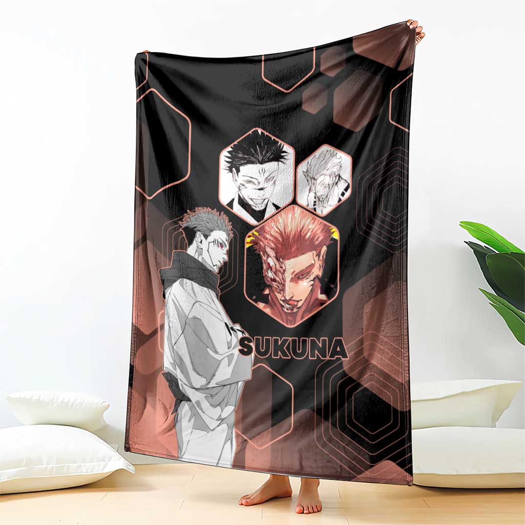Ryomen Sukuna Jujutsu Kaisen Brown Hexagon Design Blanket with Cursed Marks and Manga Style Art - The Mazicc