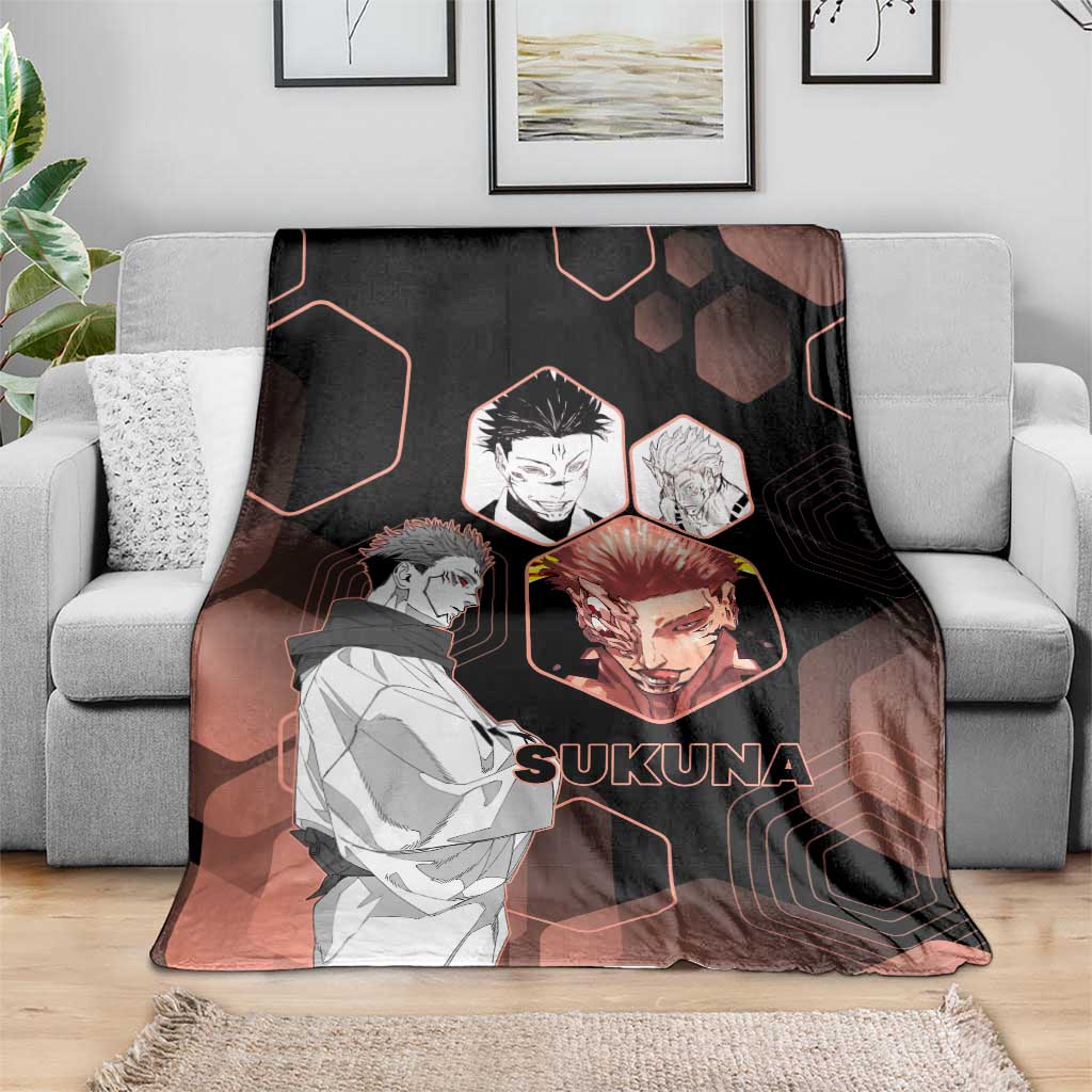 Ryomen Sukuna Jujutsu Kaisen Brown Hexagon Design Blanket with Cursed Marks and Manga Style Art - The Mazicc