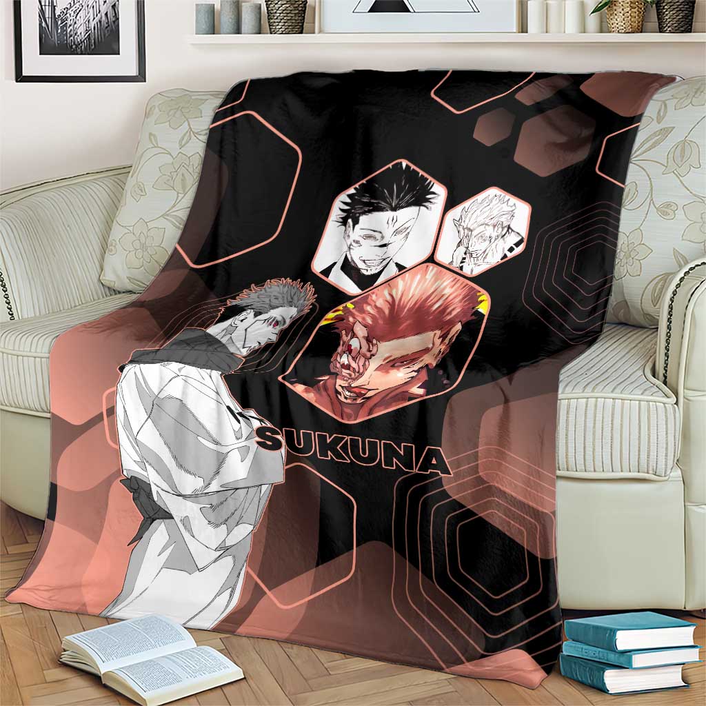 Ryomen Sukuna Jujutsu Kaisen Brown Hexagon Design Blanket with Cursed Marks and Manga Style Art - The Mazicc