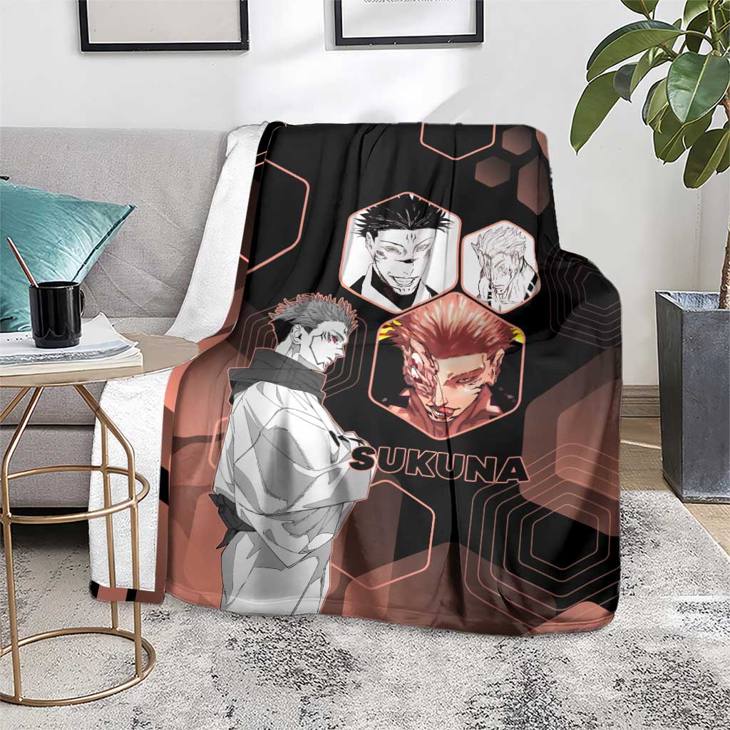 Ryomen Sukuna Jujutsu Kaisen Brown Hexagon Design Blanket with Cursed Marks and Manga Style Art - The Mazicc