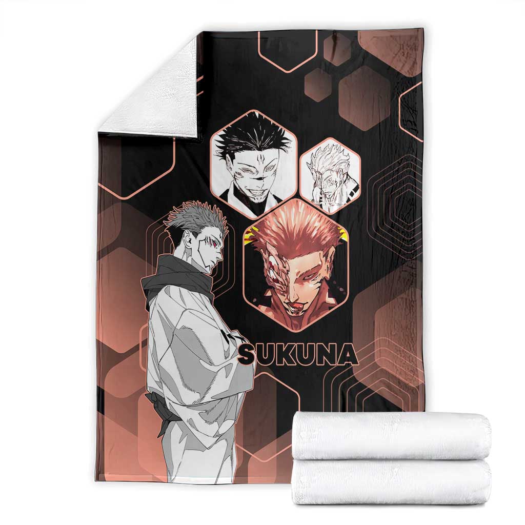 Ryomen Sukuna Jujutsu Kaisen Brown Hexagon Design Blanket with Cursed Marks and Manga Style Art - The Mazicc
