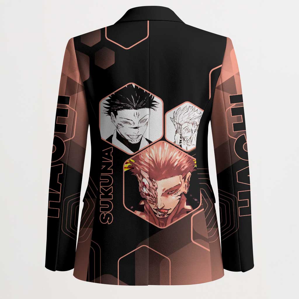 Ryomen Sukuna Jujutsu Kaisen Brown Hexagon Design Blazer with Cursed Marks and Manga Style Art - The Mazicc