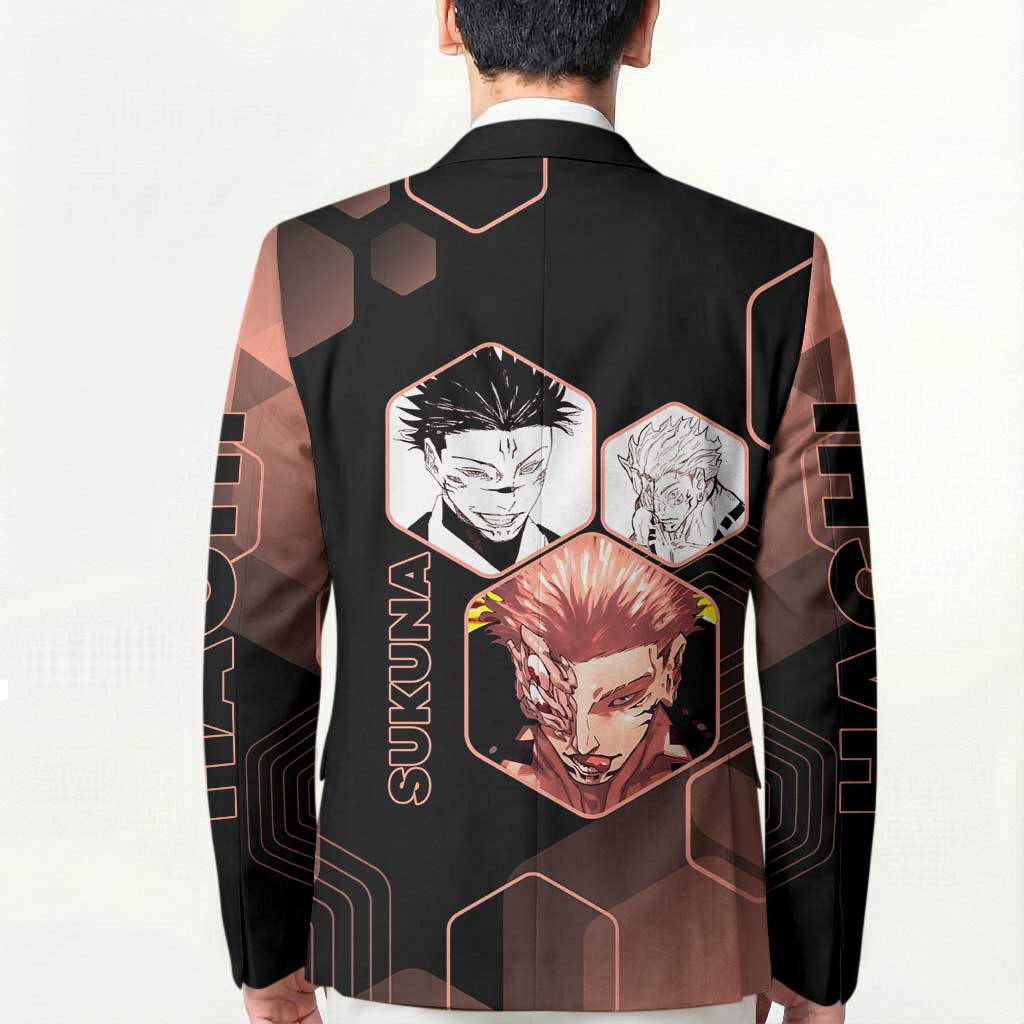 Ryomen Sukuna Jujutsu Kaisen Brown Hexagon Design Blazer with Cursed Marks and Manga Style Art - The Mazicc