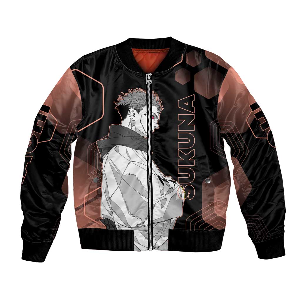 Ryomen Sukuna Jujutsu Kaisen Brown Hexagon Design Bomber Jacket with Cursed Marks and Manga Style Art - The Mazicc