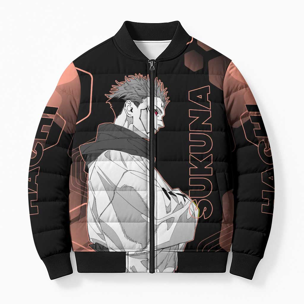 Ryomen Sukuna Jujutsu Kaisen Brown Hexagon Design Bomber Puffer Jacket with Cursed Marks and Manga Style Art - The Mazicc