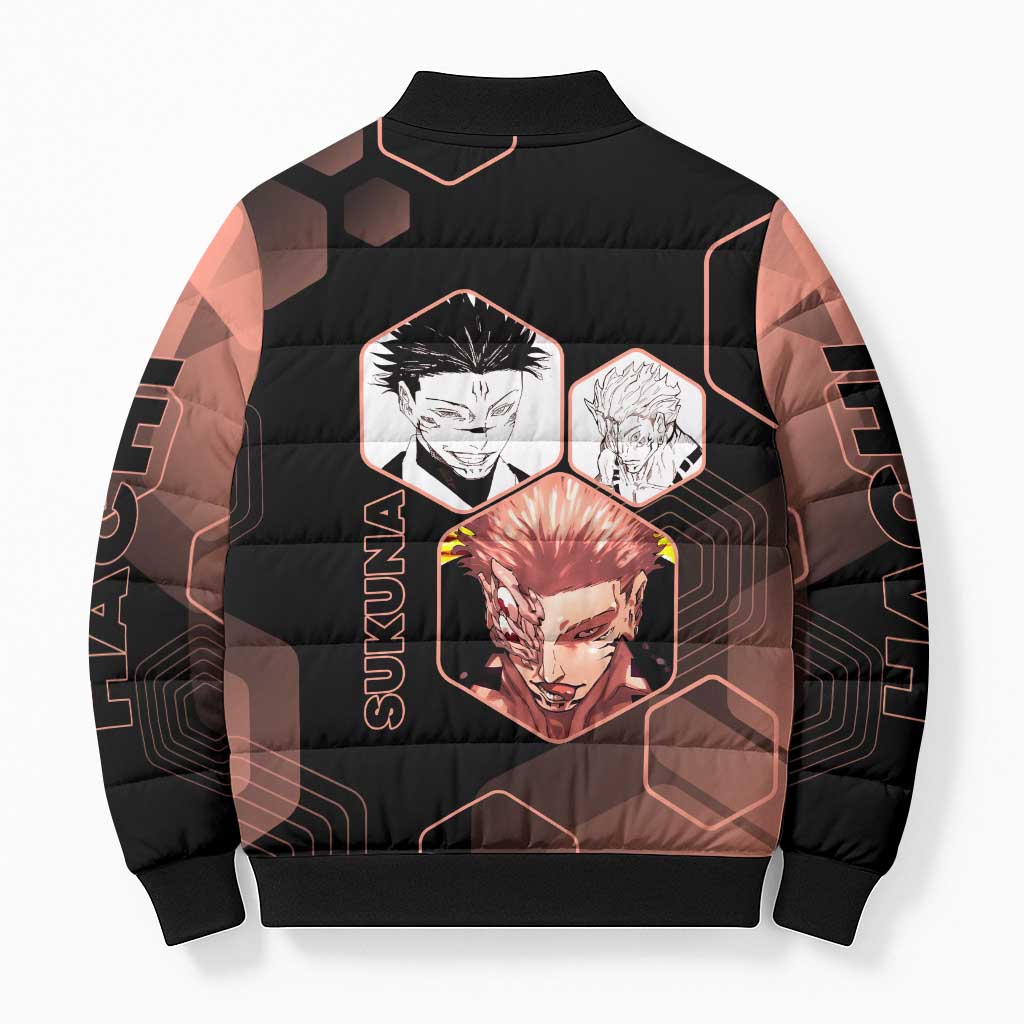 Ryomen Sukuna Jujutsu Kaisen Brown Hexagon Design Bomber Puffer Jacket with Cursed Marks and Manga Style Art - The Mazicc