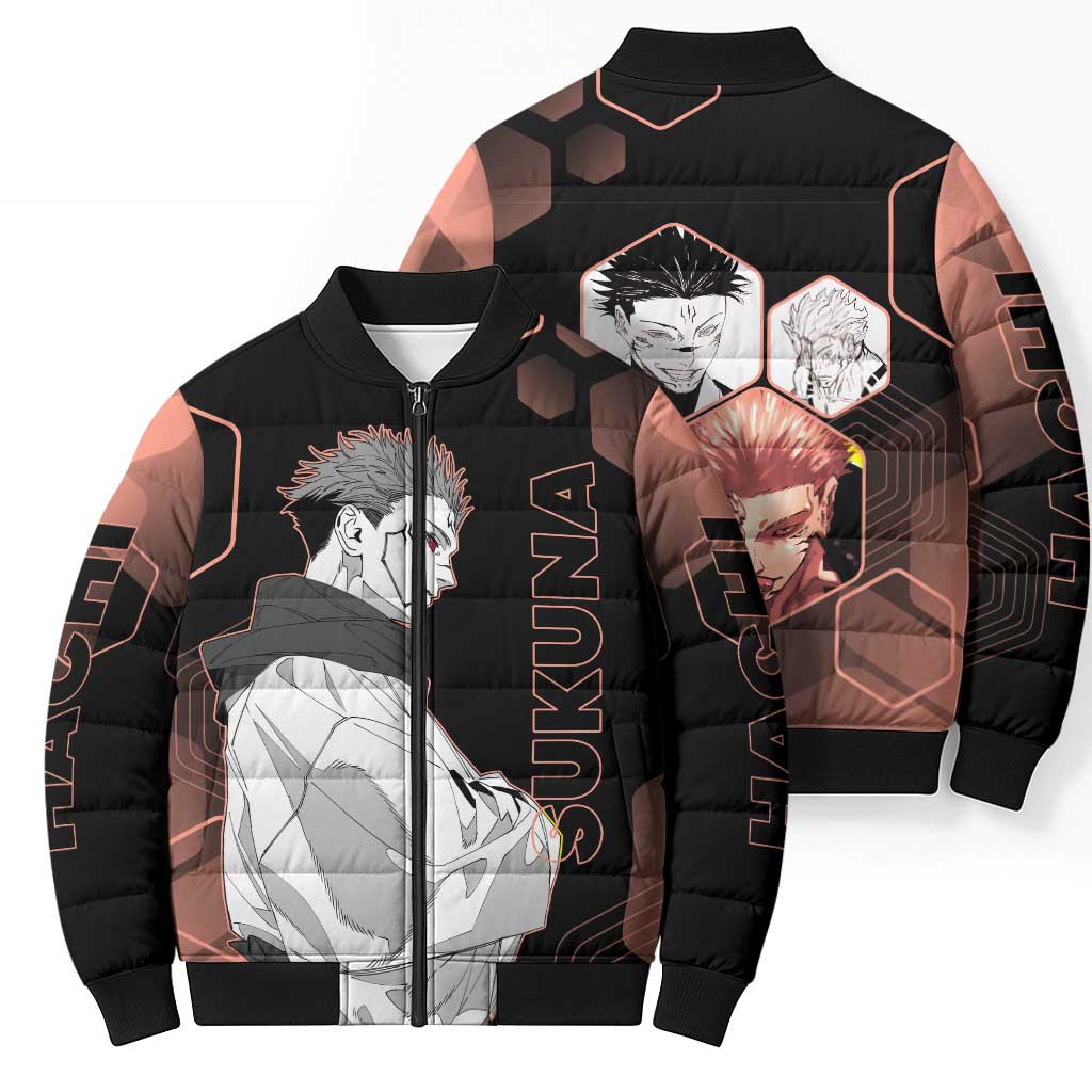 Ryomen Sukuna Jujutsu Kaisen Brown Hexagon Design Bomber Puffer Jacket with Cursed Marks and Manga Style Art - The Mazicc