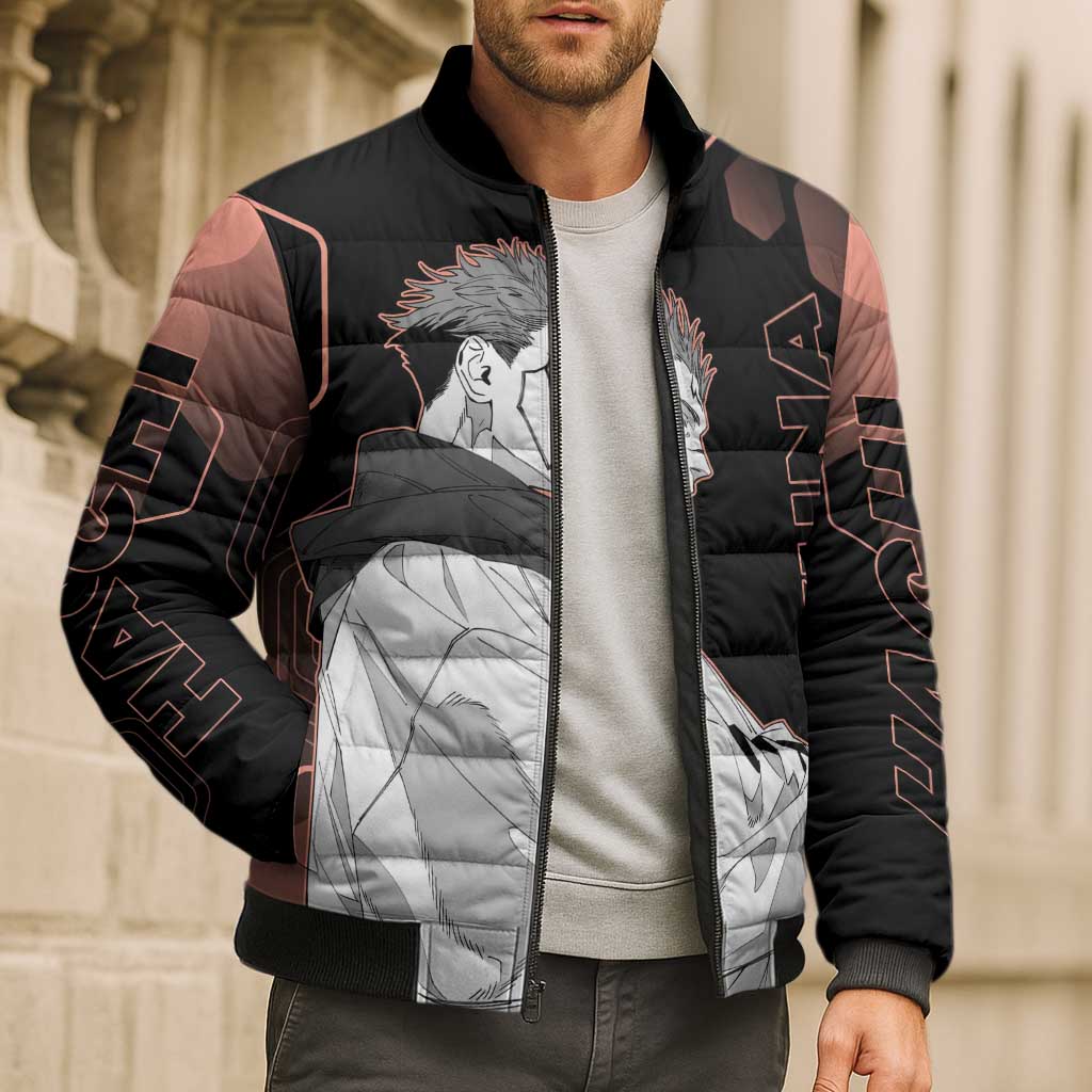 Ryomen Sukuna Jujutsu Kaisen Brown Hexagon Design Bomber Puffer Jacket with Cursed Marks and Manga Style Art - The Mazicc