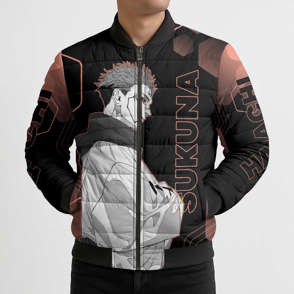 Ryomen Sukuna Jujutsu Kaisen Brown Hexagon Design Bomber Puffer Jacket with Cursed Marks and Manga Style Art - The Mazicc