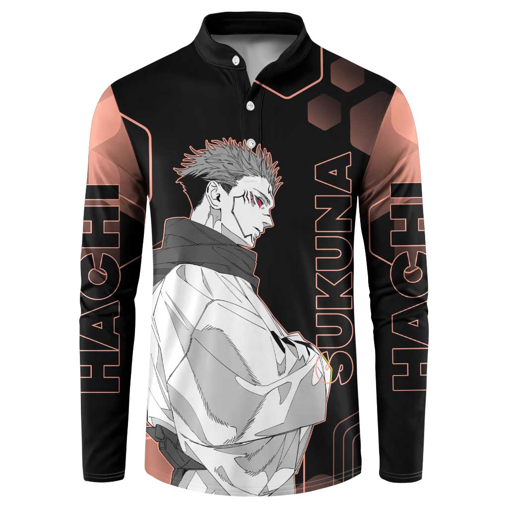 Ryomen Sukuna Jujutsu Kaisen Brown Hexagon Design Button Sweatshirt with Cursed Marks and Manga Style Art - The Mazicc