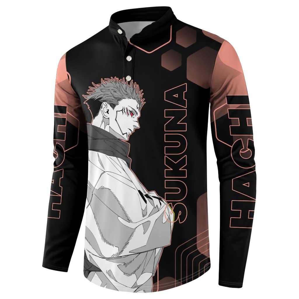 Ryomen Sukuna Jujutsu Kaisen Brown Hexagon Design Button Sweatshirt with Cursed Marks and Manga Style Art - The Mazicc