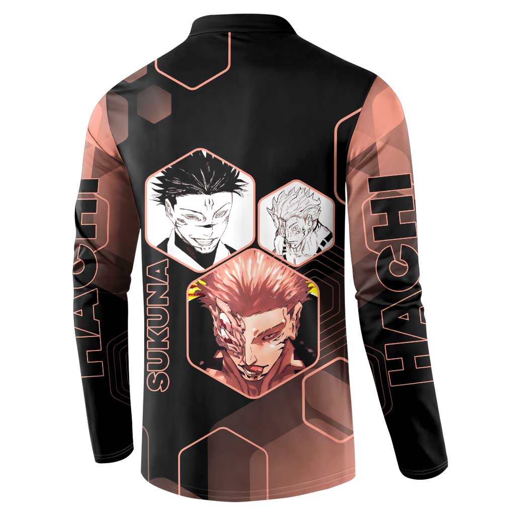 Ryomen Sukuna Jujutsu Kaisen Brown Hexagon Design Button Sweatshirt with Cursed Marks and Manga Style Art - The Mazicc