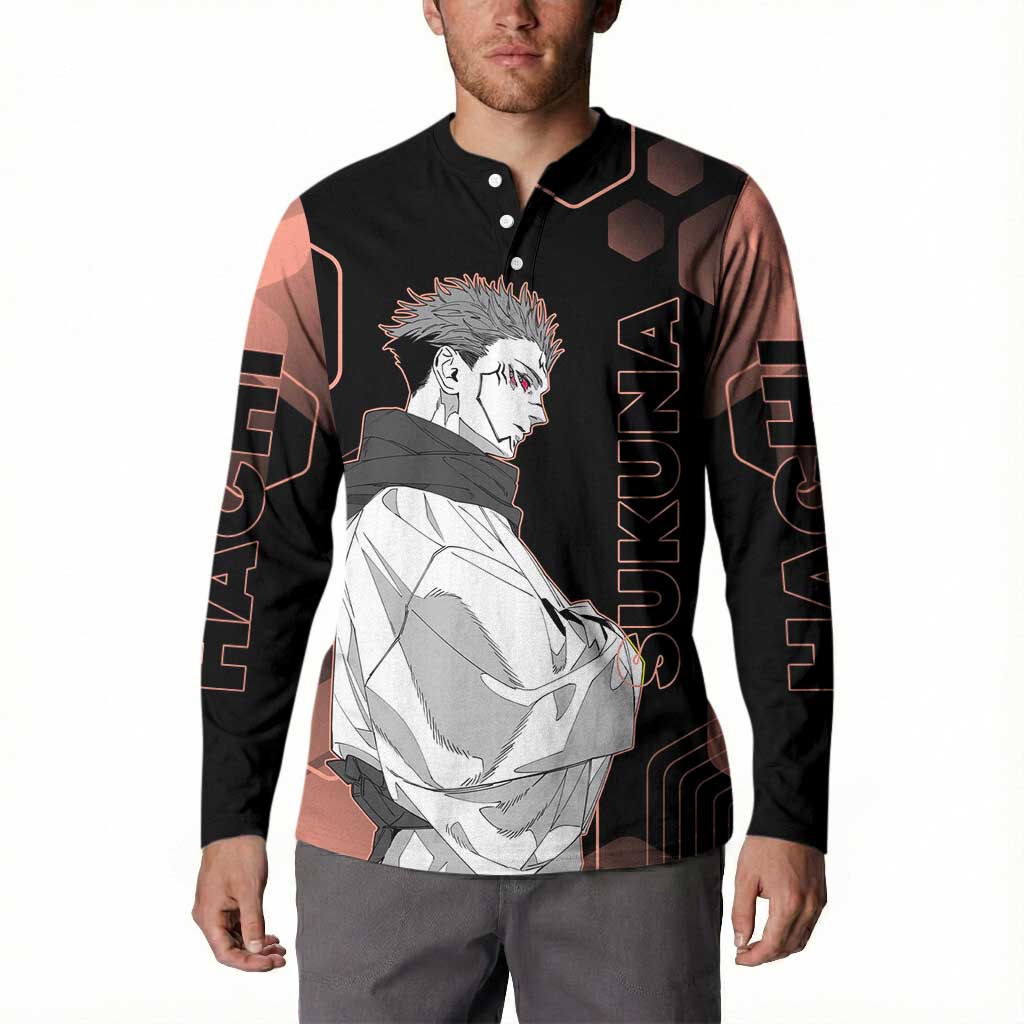 Ryomen Sukuna Jujutsu Kaisen Brown Hexagon Design Button Sweatshirt with Cursed Marks and Manga Style Art - The Mazicc