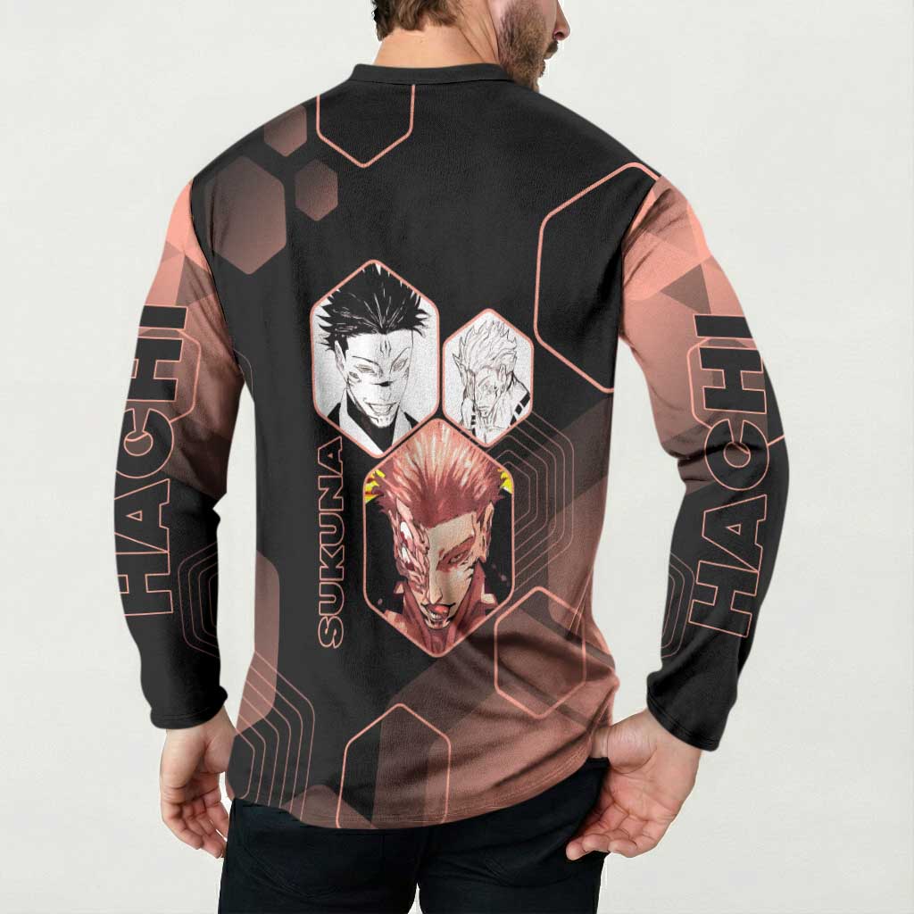 Ryomen Sukuna Jujutsu Kaisen Brown Hexagon Design Button Sweatshirt with Cursed Marks and Manga Style Art - The Mazicc