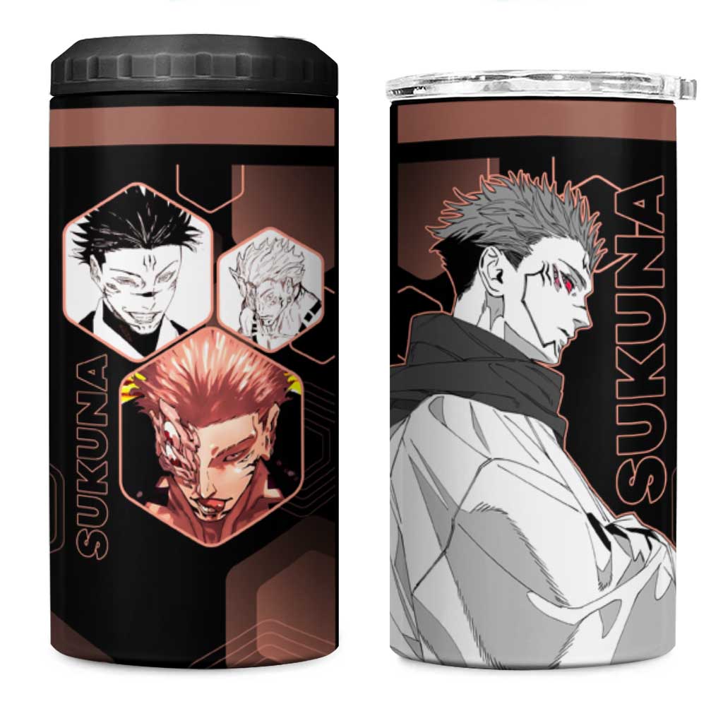 Ryomen Sukuna Jujutsu Kaisen Brown Hexagon Design 4 in 1 Can Cooler Tumbler with Cursed Marks and Manga Style Art - The Mazicc