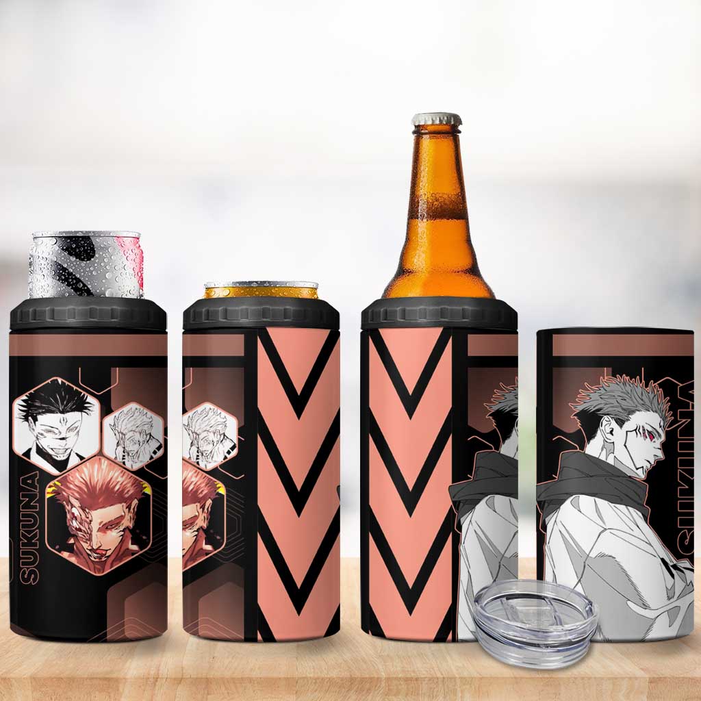 Ryomen Sukuna Jujutsu Kaisen Brown Hexagon Design 4 in 1 Can Cooler Tumbler with Cursed Marks and Manga Style Art - The Mazicc