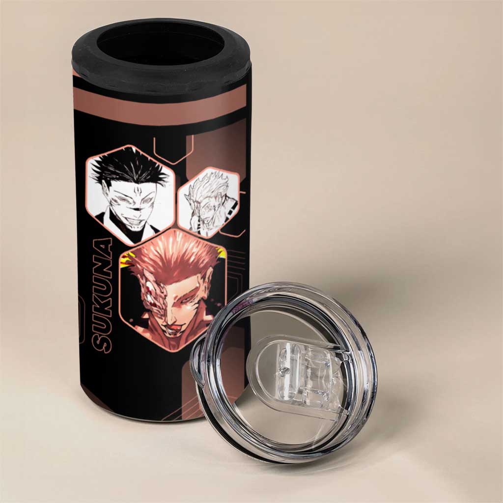 Ryomen Sukuna Jujutsu Kaisen Brown Hexagon Design 4 in 1 Can Cooler Tumbler with Cursed Marks and Manga Style Art - The Mazicc