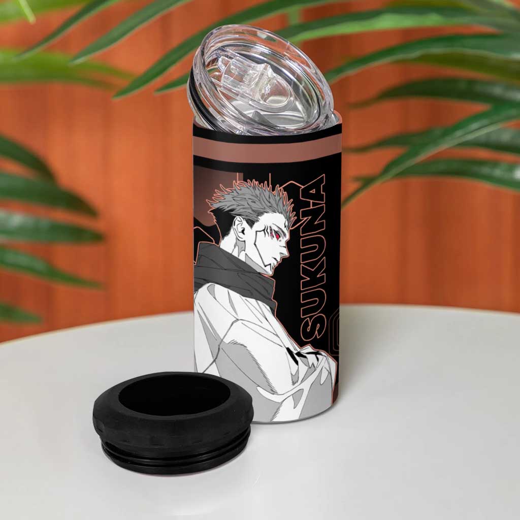 Ryomen Sukuna Jujutsu Kaisen Brown Hexagon Design 4 in 1 Can Cooler Tumbler with Cursed Marks and Manga Style Art - The Mazicc