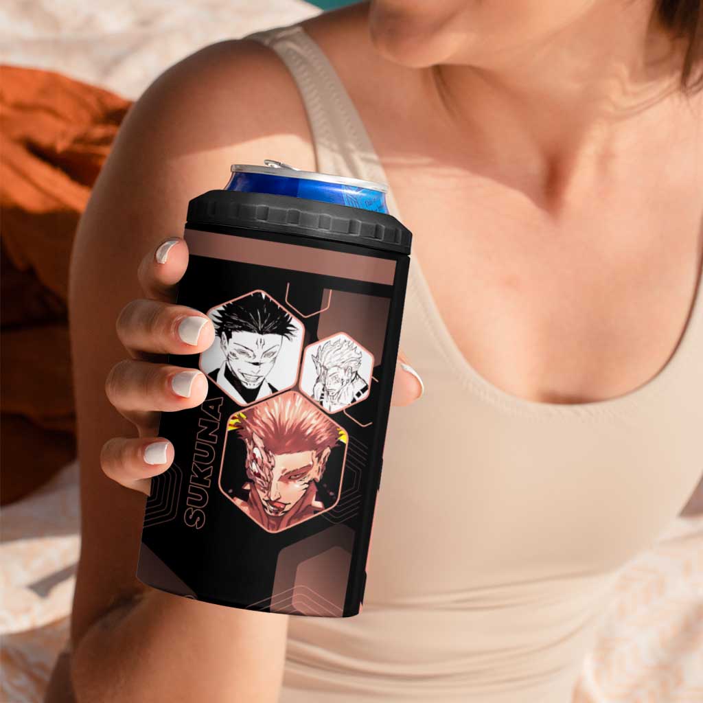 Ryomen Sukuna Jujutsu Kaisen Brown Hexagon Design 4 in 1 Can Cooler Tumbler with Cursed Marks and Manga Style Art - The Mazicc
