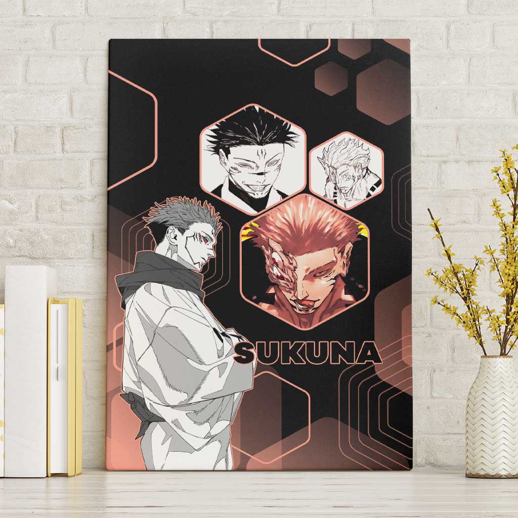 Ryomen Sukuna Jujutsu Kaisen Brown Hexagon Design Canvas Wall Art with Cursed Marks and Manga Style Art - The Mazicc