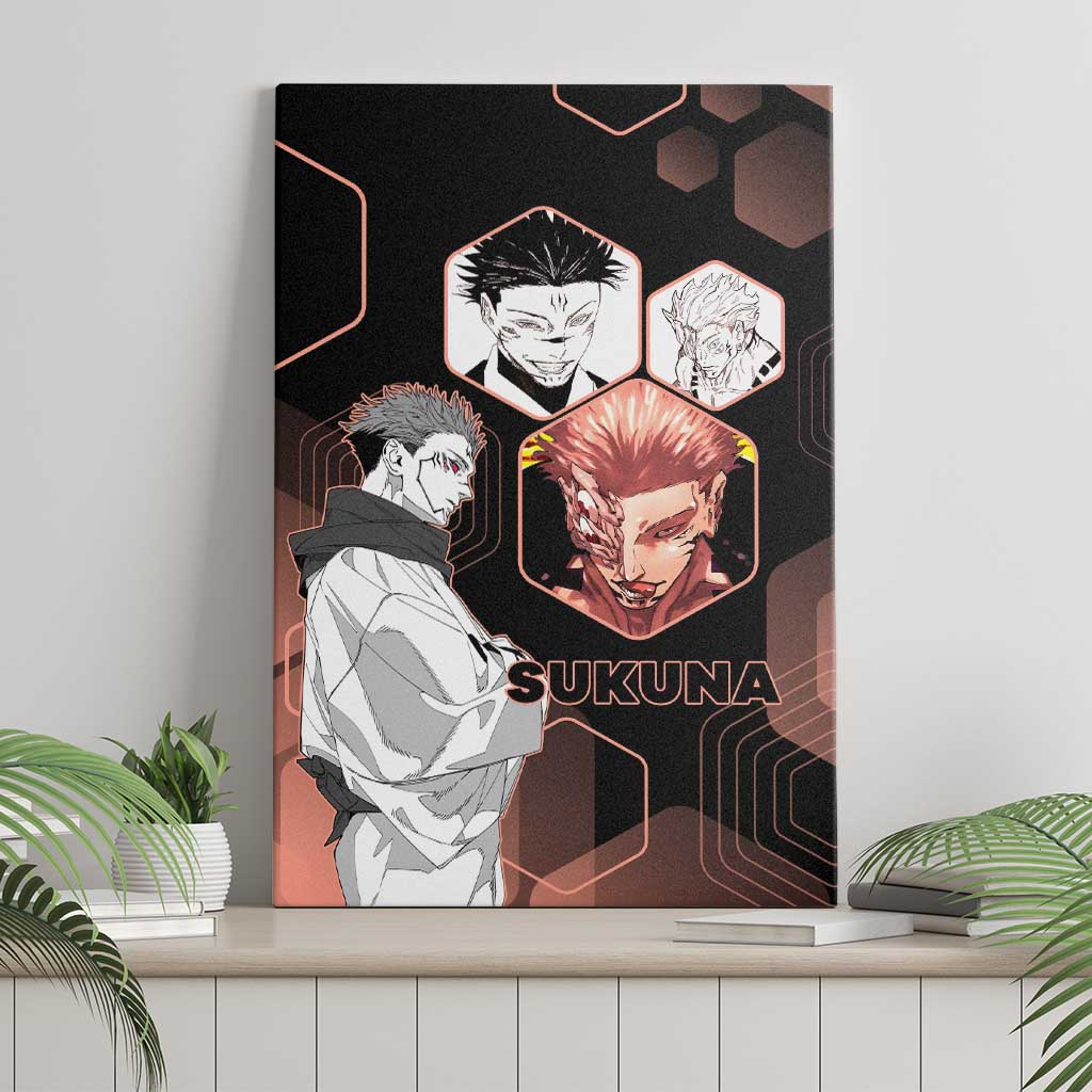 Ryomen Sukuna Jujutsu Kaisen Brown Hexagon Design Canvas Wall Art with Cursed Marks and Manga Style Art - The Mazicc