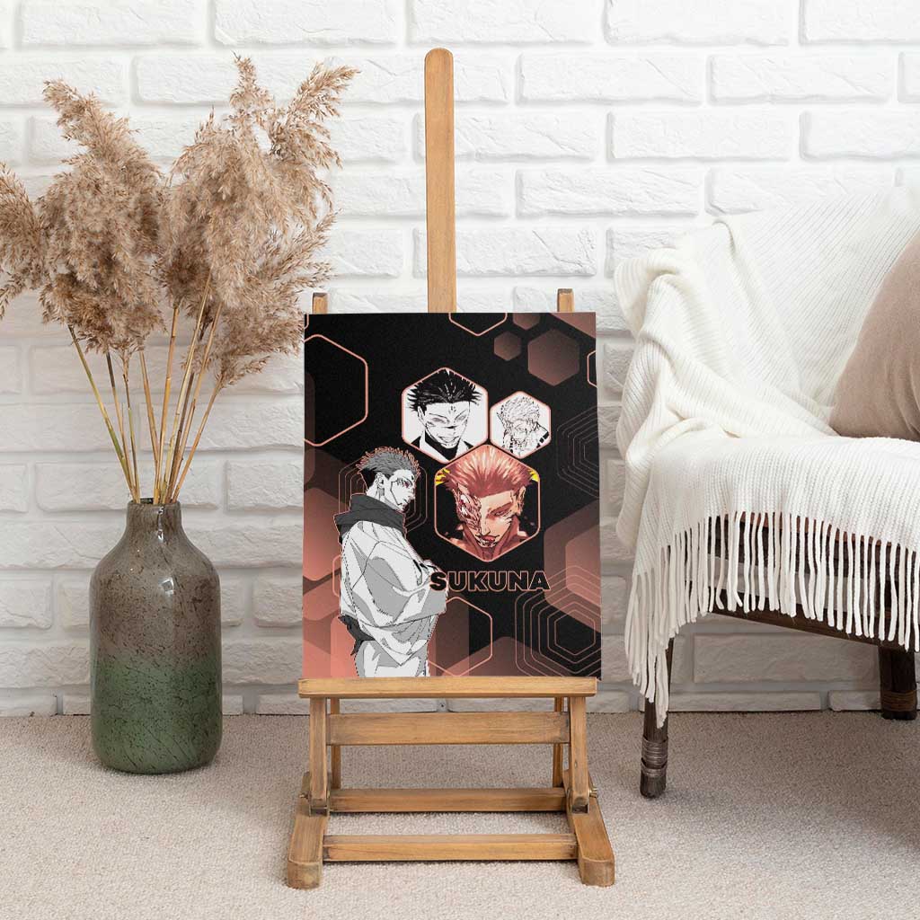 Ryomen Sukuna Jujutsu Kaisen Brown Hexagon Design Canvas Wall Art with Cursed Marks and Manga Style Art - The Mazicc