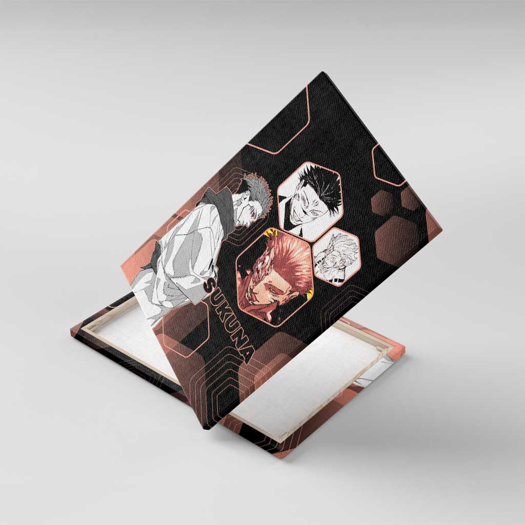 Ryomen Sukuna Jujutsu Kaisen Brown Hexagon Design Canvas Wall Art with Cursed Marks and Manga Style Art - The Mazicc