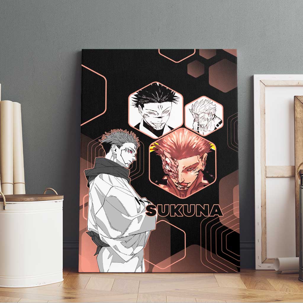 Ryomen Sukuna Jujutsu Kaisen Brown Hexagon Design Canvas Wall Art with Cursed Marks and Manga Style Art - The Mazicc