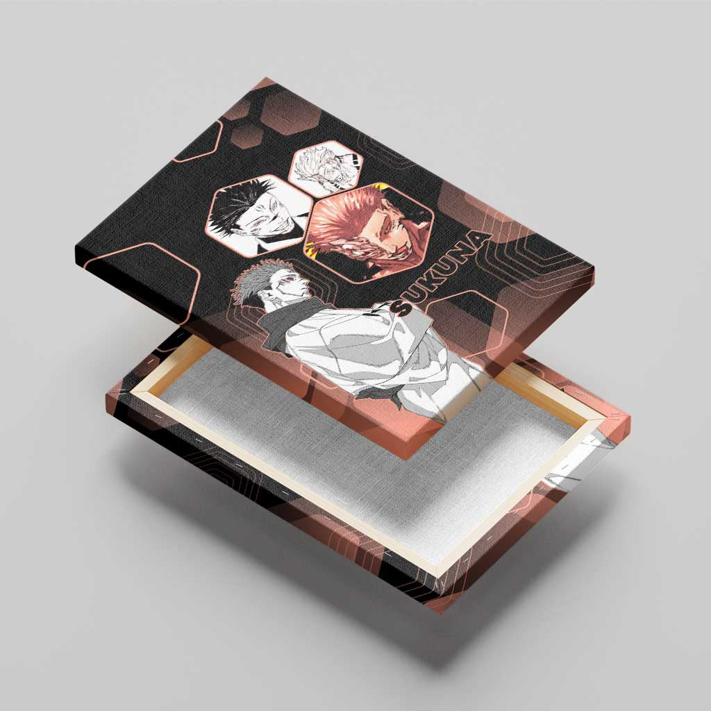 Ryomen Sukuna Jujutsu Kaisen Brown Hexagon Design Canvas Wall Art with Cursed Marks and Manga Style Art - The Mazicc