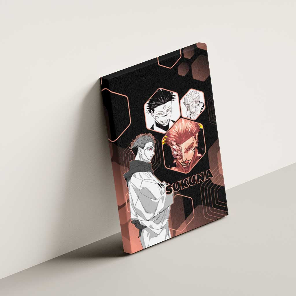 Ryomen Sukuna Jujutsu Kaisen Brown Hexagon Design Canvas Wall Art with Cursed Marks and Manga Style Art - The Mazicc
