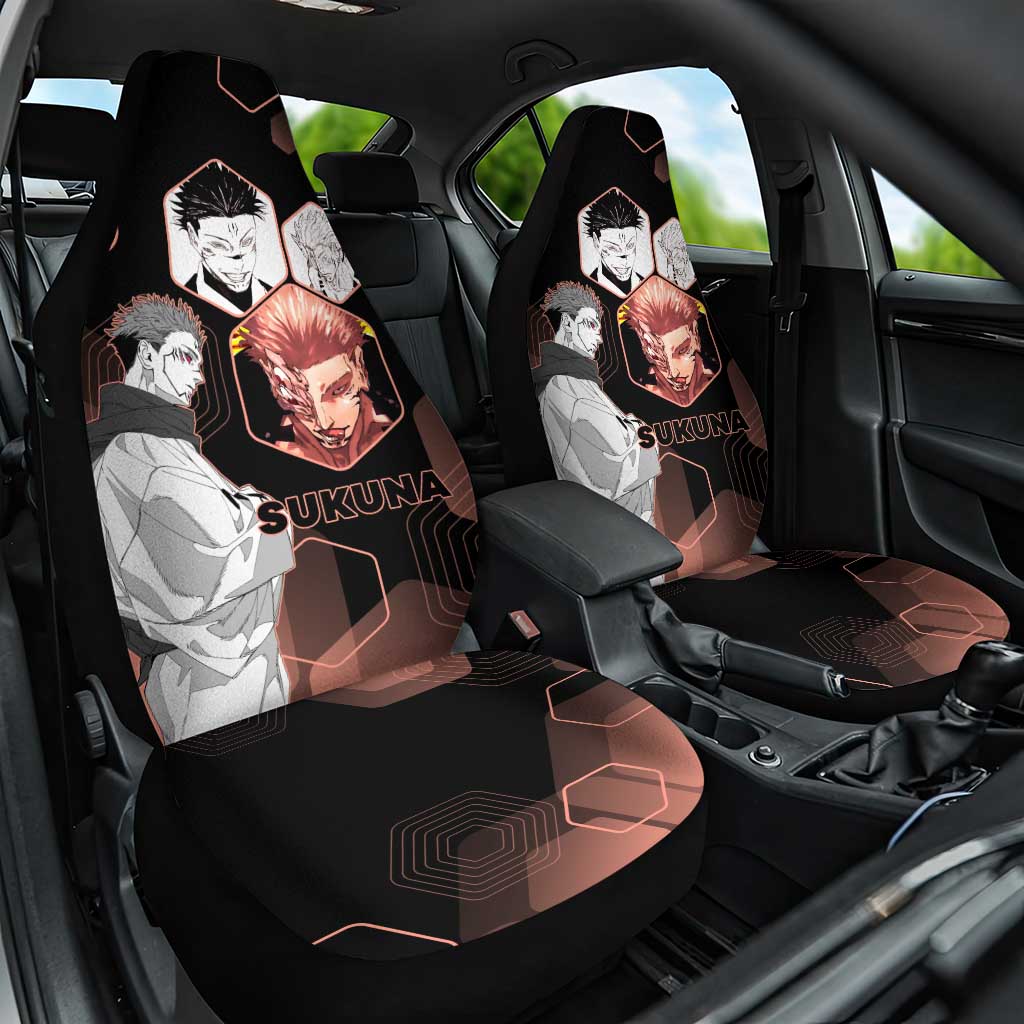 Ryomen Sukuna Jujutsu Kaisen Brown Hexagon Design Car Seat Cover with Cursed Marks and Manga Style Art - The Mazicc