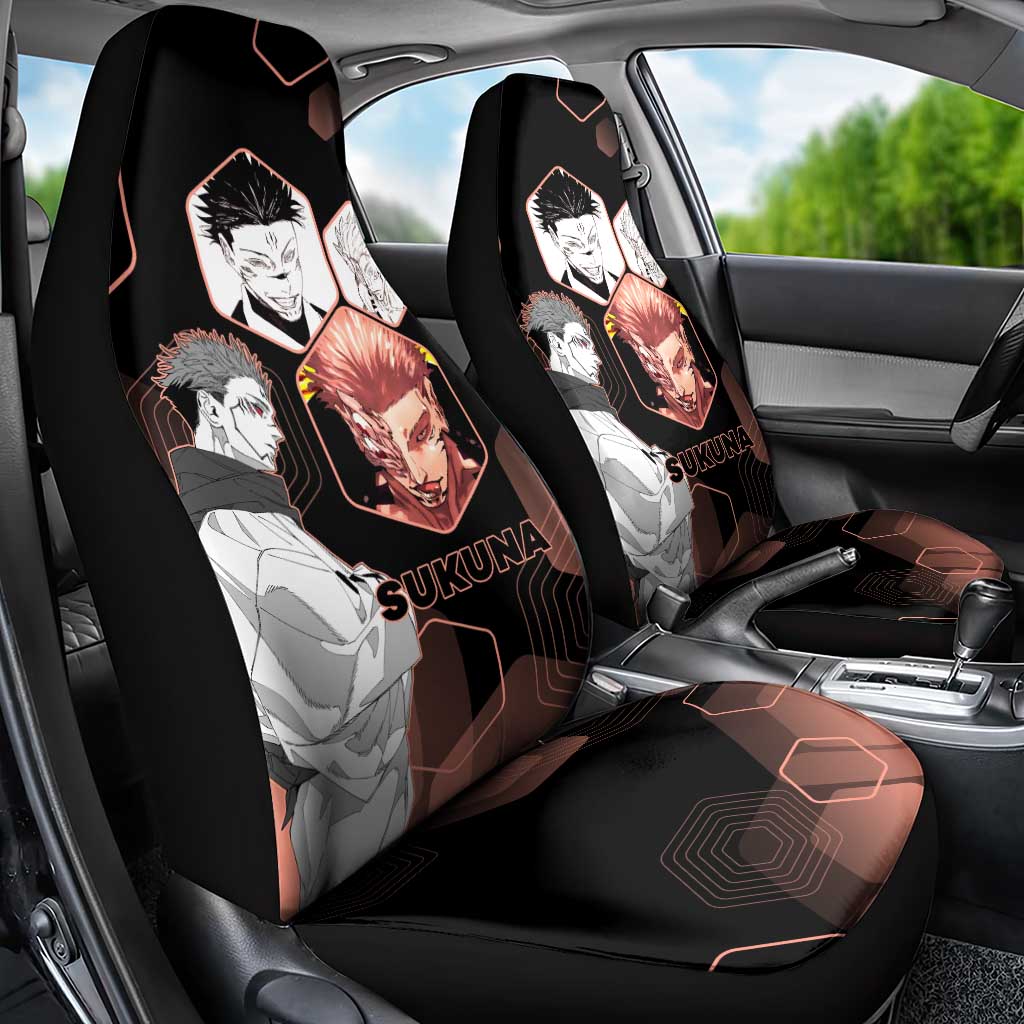 Ryomen Sukuna Jujutsu Kaisen Brown Hexagon Design Car Seat Cover with Cursed Marks and Manga Style Art - The Mazicc