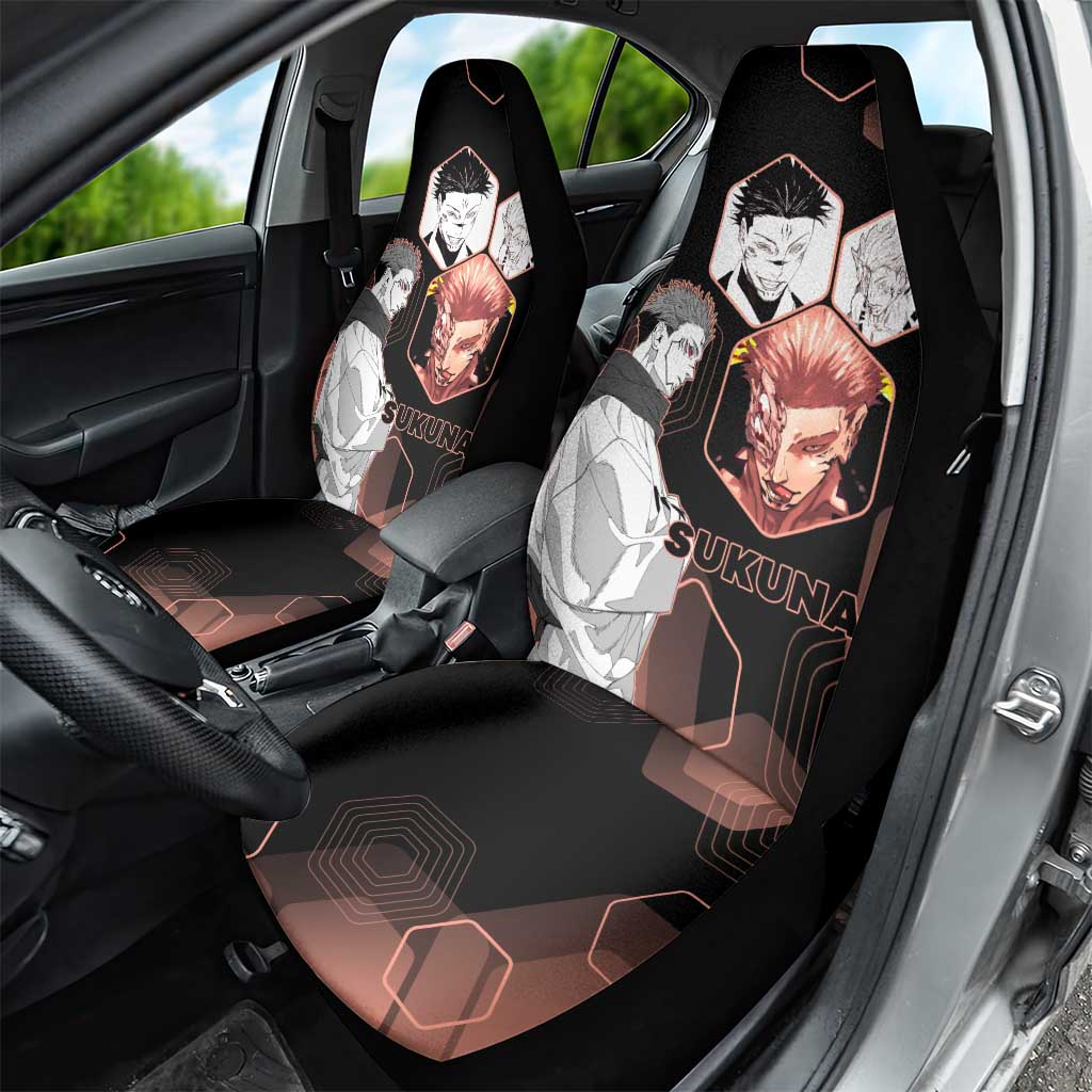 Ryomen Sukuna Jujutsu Kaisen Brown Hexagon Design Car Seat Cover with Cursed Marks and Manga Style Art - The Mazicc