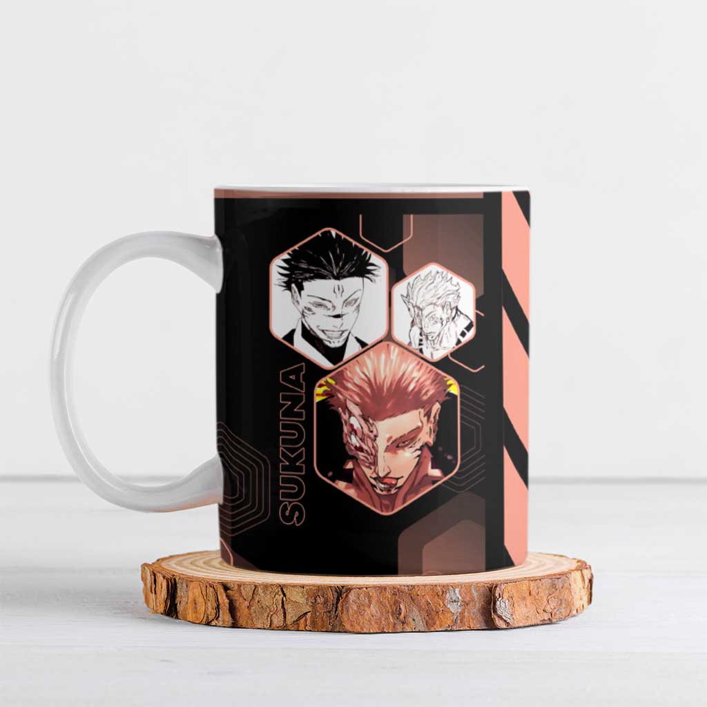 Ryomen Sukuna Jujutsu Kaisen Brown Hexagon Design Ceramic Mug with Cursed Marks and Manga Style Art - The Mazicc