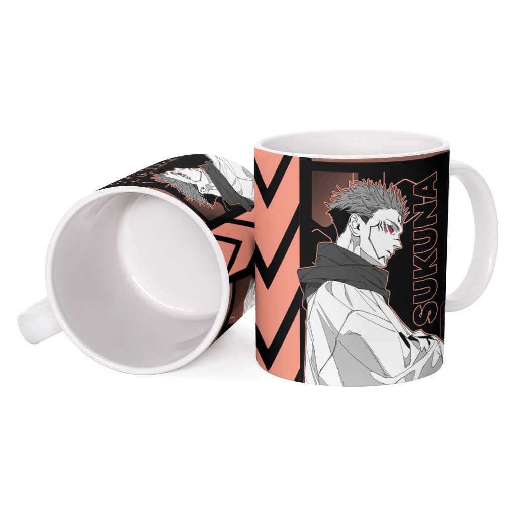 Ryomen Sukuna Jujutsu Kaisen Brown Hexagon Design Ceramic Mug with Cursed Marks and Manga Style Art - The Mazicc
